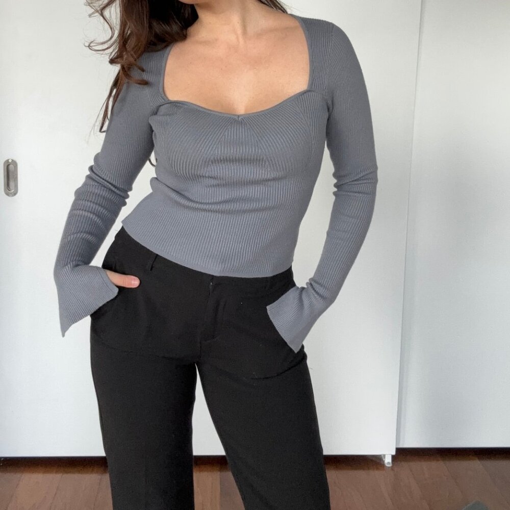 Gray Ribbed Scoop-Neck Women's Sweater